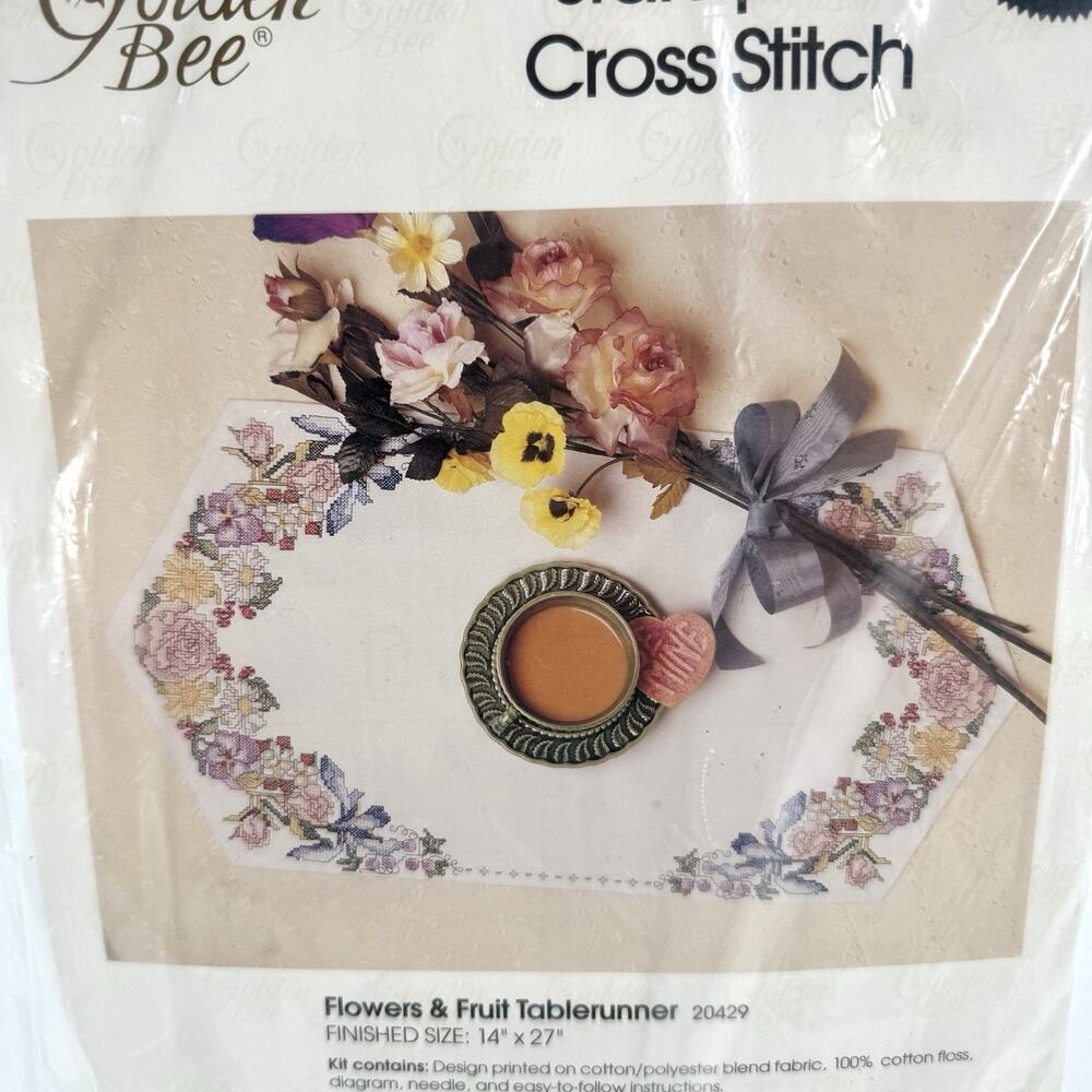 Golden Bee Stamped Cross Stitch Flowers Fruit Table Runner Kit 20429 Vintage ‘92